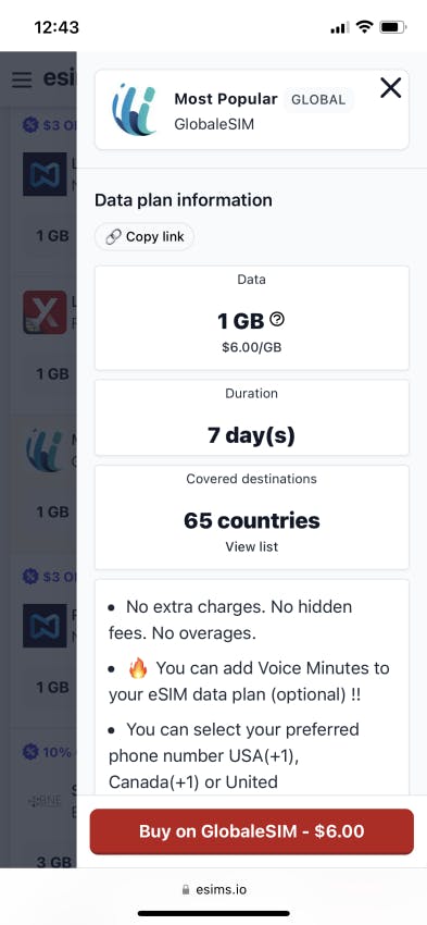 GlobaleSIM's Most popular 1GB plan_screenshot